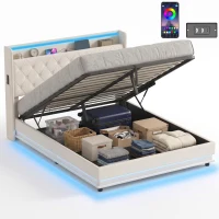 HOMCOM 5ft King Bed Frame with Headboard, Platform Bed Frame with Hydraulic Storage, LED Lights and Charging Station, White(m-15)