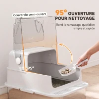PawHut Bac à Litière pour Chat en Acier Inox avec Couvercle 3 en 1 Bords Hauts Pelle et Sacs Anti-Odeur XL 70x50x46cm Blanc(m-4)