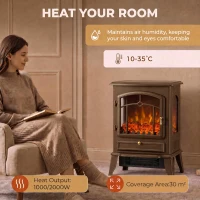 HOMCOM Electric Fireplace Stove, 1000/2000W 3-Sided Freestanding Fireplace Heater with 3D Flame Log, Thermostat, Brown(m-6)