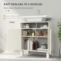 HOMCOM Dulap sub lavoar pentru baie, cu 2 uși arcuite încastrate, raft reglabil, pentru lavoare fără piedestal, crem(m-6)