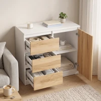HOMCOM Petit buffet de salon avec porte et 3 tiroirs 80x40x75 cm pour entrée, salle à manger, blanc et naturel(m-2)