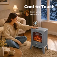 HOMCOM Freestanding Portable Fireplace, Electric Fireplace Stove Heater with 3D Flame Effect and Adjustable Thermostat, Grey(m-7)