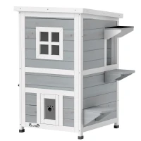 PawHut Casota Exterior para Gatos em Madeira de 2 Níveis com Telhado Basculante, Plataformas de Salto e Portas, 51x51x81,3 cm, Cinzento(m-1)