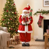 HOMCOM 4ft Singing Dancing Santa Claus, Standing Christmas Animated Santa Figure with Elf, Gift Box, Sound/Touch Activated(m-2)