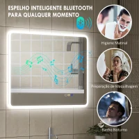 HOMCOM Espelho LED para Casa de Banho 90x70 cm com Bluetooth, 3 Tons de Luz, Antiembaciamento, Memória e IP44(m-5)