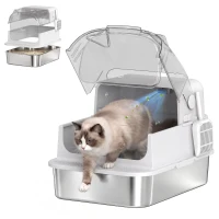 PawHut Bac à Litière pour Chat en Acier Inox avec Couvercle 3 en 1 Bords Hauts Pelle et Sacs Anti-Odeur XL 70x50x46cm Blanc(m-17)