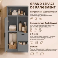 HOMCOM Meuble de salle de bain, meuble de rangement étroit avec 2 tiroirs, compartiments ouverts, 50x25x100cm, gris(m-4)