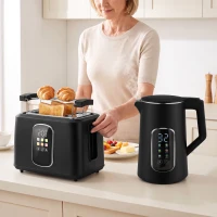 HOMCOM Kettle and Toaster Set with LED Touch Screen, Kettle with Strix Thermostat, 2 Slice Toaster w/ 6 Browning Levels, Black(m-10)