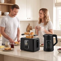 HOMCOM Kettle and Toaster Set with LED Touch Screen, Kettle with Strix Thermostat, 2 Slice Toaster w/ 6 Browning Levels, Black(m-11)
