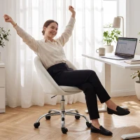 HOMCOM Velvet Desk Chair, Modern Office Chair with Height-Adjustable, Wheels, for Home Study Bedroom, Cream(m-9)