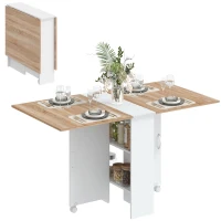 HOMCOM Folding Dining Table, Drop Leaf Table with 2-Tier Shelves, Rolling Casters, White and Natural(m-13)