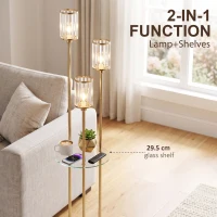 HOMCOM Floor Lamp with Shelves, 3-Light Crystal Standing Lamp with Glass Shades and Foot Switch, Bulbs Not Included, Gold Tone(m-5)
