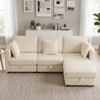 HOMCOM 3‑Sitzer‑Chaise‑Longue mit Stauraum und umkehrbarer Ottomane aus Cordstoff 235x153x85 cm Cremeweiß(m-6)