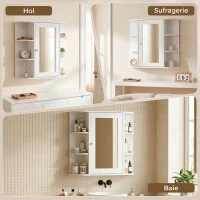 Homcom Dulapior Baie cu Oglinda – Lemn Alb 66×17×63 cm(m-17)