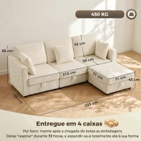 HOMCOM Sofá modular em L de 235 cm com arrumação e ottoman em bombazina, creme(m-3)