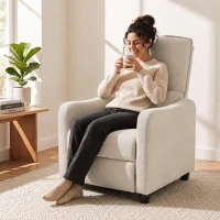 HOMCOM Manuell verstellbarer Relaxsessel bis 155° mit Leinenoptik-Stoff, Fußstütze, Taschenfedern, dicker Polsterung, Creme(m-4)