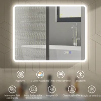 HOMCOM Espelho LED para Casa de Banho 90x70 cm com Bluetooth, 3 Tons de Luz, Antiembaciamento, Memória e IP44(m-4)