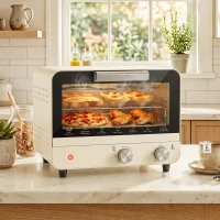 HOMCOM Mini Oven, Small Toaster Oven with Glass Door, Adjustable Temperature and Timer, Accessory Included, 750W, Cream White(m-2)