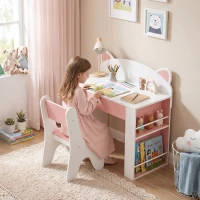 AIYAPLAY Bureau et Chaise pour Enfant 2 Pièces, Ensemble Table d'Activité, Tiroir, Bibliothèque pour Dessin, Lecture, Blanc Rose(m-15)