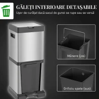 HOMCOM Coș de gunoi pentru colectare selectivă, 2 compartimente 20+14 L, cu recipiente interioare detașabile, din oțel inoxidabil și PP, argintiu(m-7)