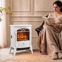 HOMCOM Freestanding Portable Fireplace, Electric Fireplace Stove Heater with 3D Flame Effect and Adjustable Thermostat, White(m-2)