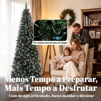 HOMCOM Árvore de Natal Nevada Tipo Lápis 210 cm Estreita com Bagas Vermelhas, Pinhas e 818 Pontas Verde(m-6)