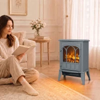 HOMCOM Freestanding Electric Fireplace, Electric Log Burner with LED Flame Effect, Overheating Safety System, 1000W/2000W Grey(m-13)