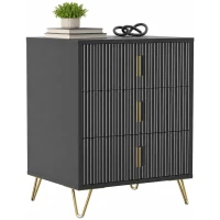 HOMCOM Modern 3-Drawer Dresser, Fluted Bedroom Dresser Chest of Drawers with Metal Legs and Steel Handles for Bedroom, Black(m-13)