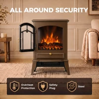 HOMCOM Electric Fireplace Stove, 1000/2000W 3-Sided Freestanding Fireplace Heater with 3D Flame Log, Thermostat, Brown(m-7)