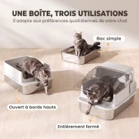 PawHut Bac à Litière pour Chat en Acier Inox avec Couvercle 3 en 1 Bords Hauts Pelle et Sacs Anti-Odeur XL 70x50x46cm Blanc(m-5)