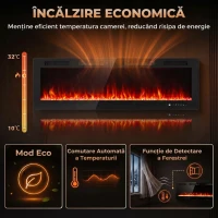 HOMCOM Șemineu Electric Încastrabil cu Flacără Independentă, 3 Moduri de Încălzire și Telecomandă, 152,4 x 9,4 x 47 cm, Negru(m-6)