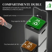 HOMCOM Coș de gunoi pentru colectare selectivă, 2 compartimente 20+14 L, cu recipiente interioare detașabile, din oțel inoxidabil și PP, argintiu(m-4)