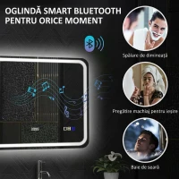 HOMCOM Oglindă de Baie LED cu Bluetooth, Iluminare Reglabilă și Funcție de Memorare, din Sticlă Securizată, 80 x 2.9 x 60 cm(m-5)
