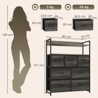 HOMCOM Cómoda de Tela con 7 Cajones y 2 Estantes de Estilo Industrial con Marco de Acero 80x29x101 cm Gris(m-3)