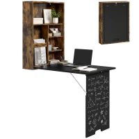 HOMCOM Folding Wall-Mounted Drop-Leaf Table, Convertible Wall Table With Chalkboard and Storage Shelf, Rustic Brown(m-13)