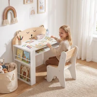 AIYAPLAY Bureau et Chaise pour Enfant 2 Pièces, Ensemble Table d'Activité avec Bibliothèque pour Dessin, Lecture et Jeux, Blanc(m-15)