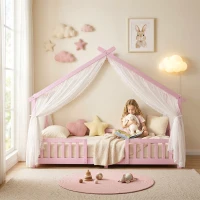AIYAPLAY Wooden Kids House Single Bed Frame, Solid Pine Wood Toddler Bed with Dual Guardrails for Children, Boys, Girls, Pink(m-9)
