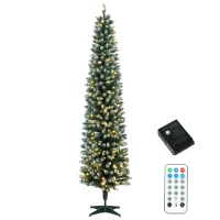 HOMCOM Árvore de Natal Estreita Pré-iluminada 180 cm, LEDs de Dupla Cor, Efeito Nevado, Comando, 11 Modos, 351 Pontas, 170 LEDs, Verde/Branco(m-11)