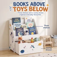 AIYAPLAY Kids Bookshelf, Montessori Inspired Childrens Bookcase with Moveable Drawer, 3-Tier Bookshelf for 3-8 Years, White(m-4)