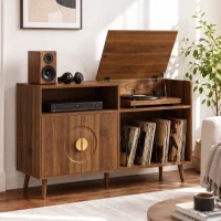 HOMCOM Record Player Stand, Vinyl Record Holder with Storage Holds Up to 300 Albums with Flip-Top Compartment, Walnut(m-2)