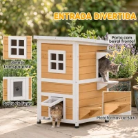 PawHut Casa de Madeira para Gatos de Exterior 2 Níveis com 3 Portas e Janela Amarela(m-6)