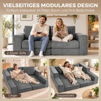 HOMCOM Sofa rozkładana 4-w-1 z funkcją spania, rozkładana, poduszki, 2-osobowa, szara(m-4)