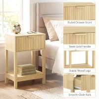 HOMCOM Modern Fluted Nightstand Set of 2, Bedside Table with Charging Station, Drawer and Open Shelf for Bedroom, Oak(m-7)