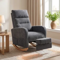 HOMCOM Sedia a Dondolo Imbottita in Tessuto Effetto Lino, Poggiapiedi, Schienale Alto, Gambe in Legno di Caucciù, Grigio(m-10)