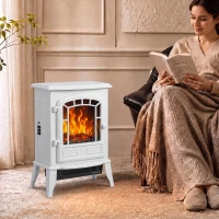 HOMCOM Electric Fireplace Stove, 1000W/2000W, Freestanding Electric Fire with LED Flame Effect, Adjustable Thermostat, White(m-2)