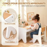 AIYAPLAY Bureau et Chaise pour Enfant 2 Pièces, Ensemble Table d'Activité avec Tiroir, 3 à 8 Ans, Blanc et Bois Naturel(m-4)