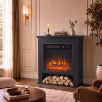 HOMCOM Electric Fireplace Suite with Shelf, 25" 1800W Electric Fire and Surround with LED Flame, 5 Brightness, Remote, Black(m-2)