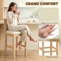 HOMCOM Lot de 2 Tabourets de Bar, Chaises de Bar avec Dossier Effet Rotin, Assise Rembourrée en Chenille de 66H cm, Crème(m-6)