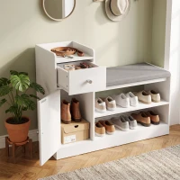 HOMCOM Banco para Sapatos com Gaveta e Armário Banco de Arrumação com Assento Acolchoado Estilo Nórdico 90x29,8x67,8 cm Branco e Cinza(m-5)