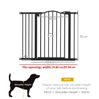 PawHut Metal 74-94cm Adjustable Pet Gate Safety Barrier w/ Auto-Close Door Black(m-3)